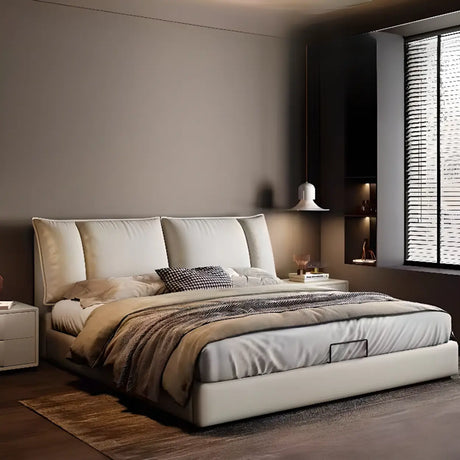 Cream Queen Upholstered Leather Modern Storage Bed Image - 1