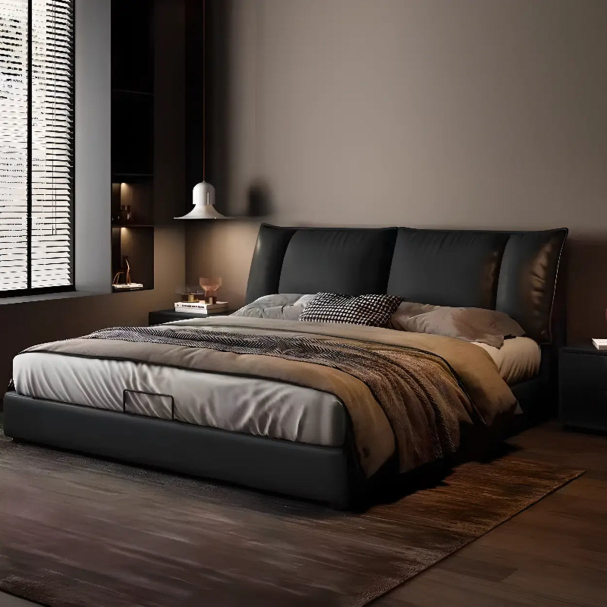 Cream Queen Upholstered Leather Modern Storage Bed Image - 3