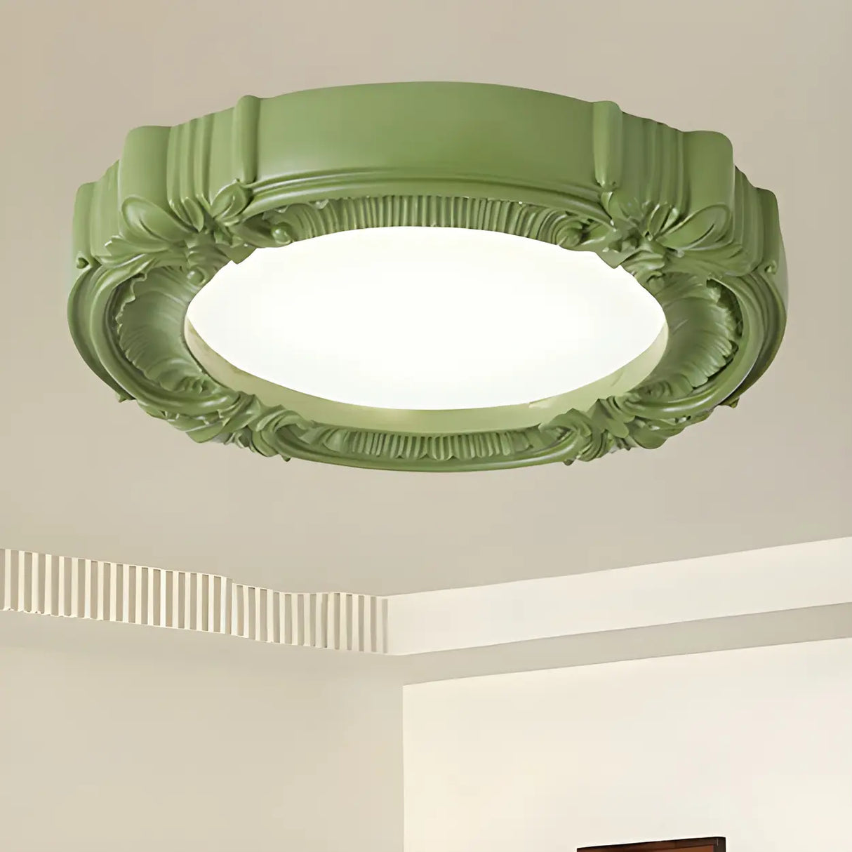 Cream Resin Round Carving LED Flush Mount Ceiling Light Image - 4