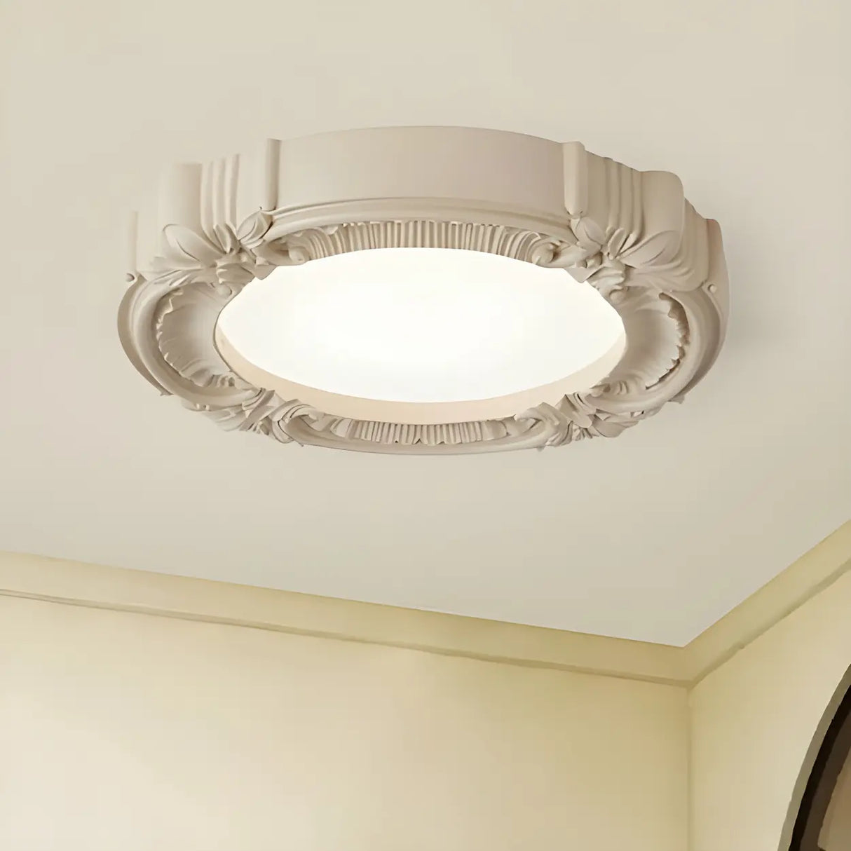 Cream Resin Round Carving LED Flush Mount Ceiling Light Image - 5