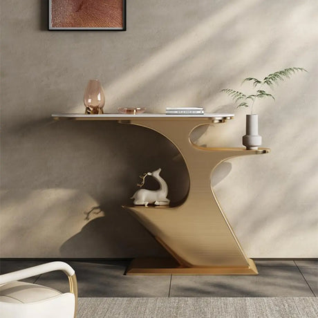 Creative Gold Curved Metal Console Table with Shelves Image - 1
