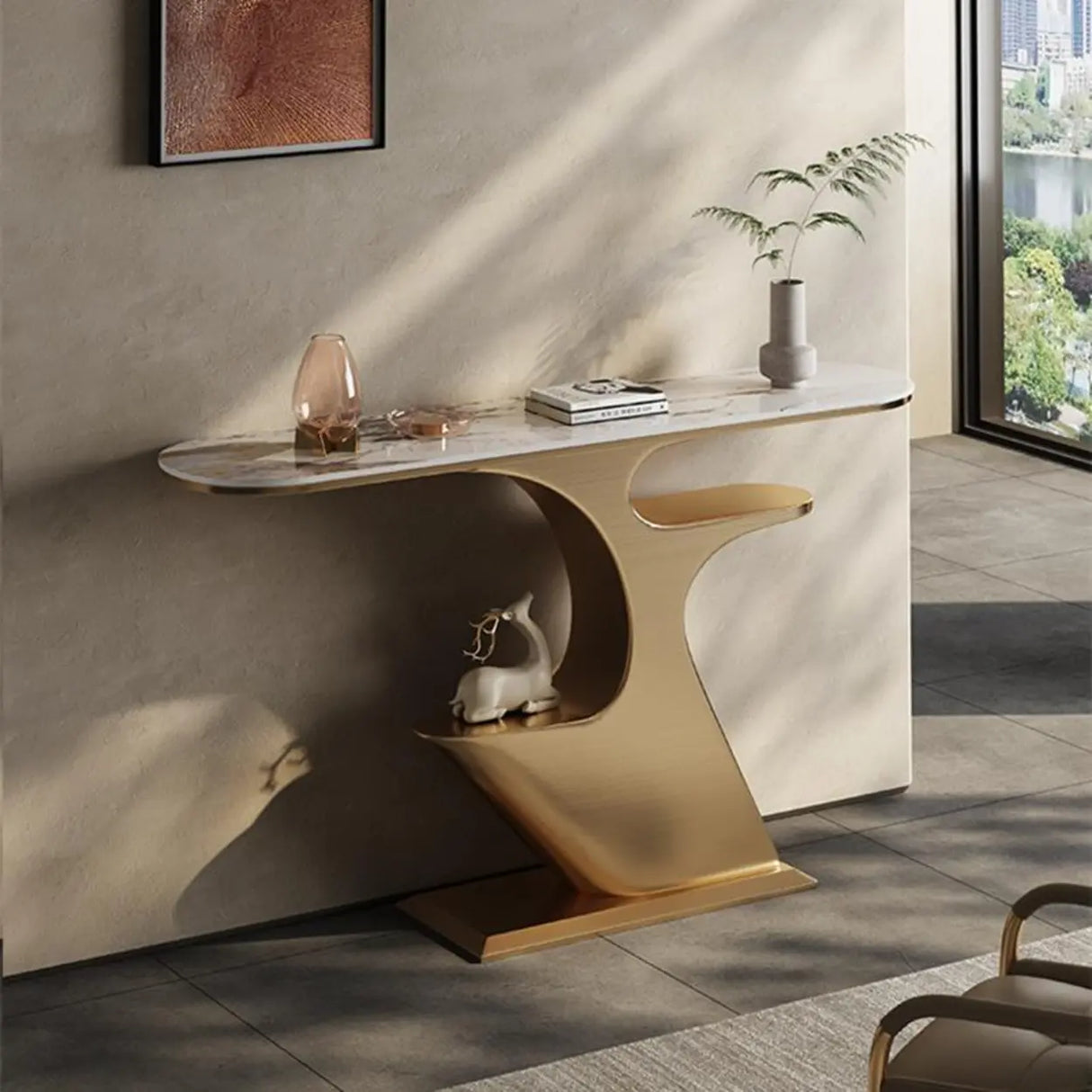 Creative Gold Curved Metal Console Table with Shelves Image - 4