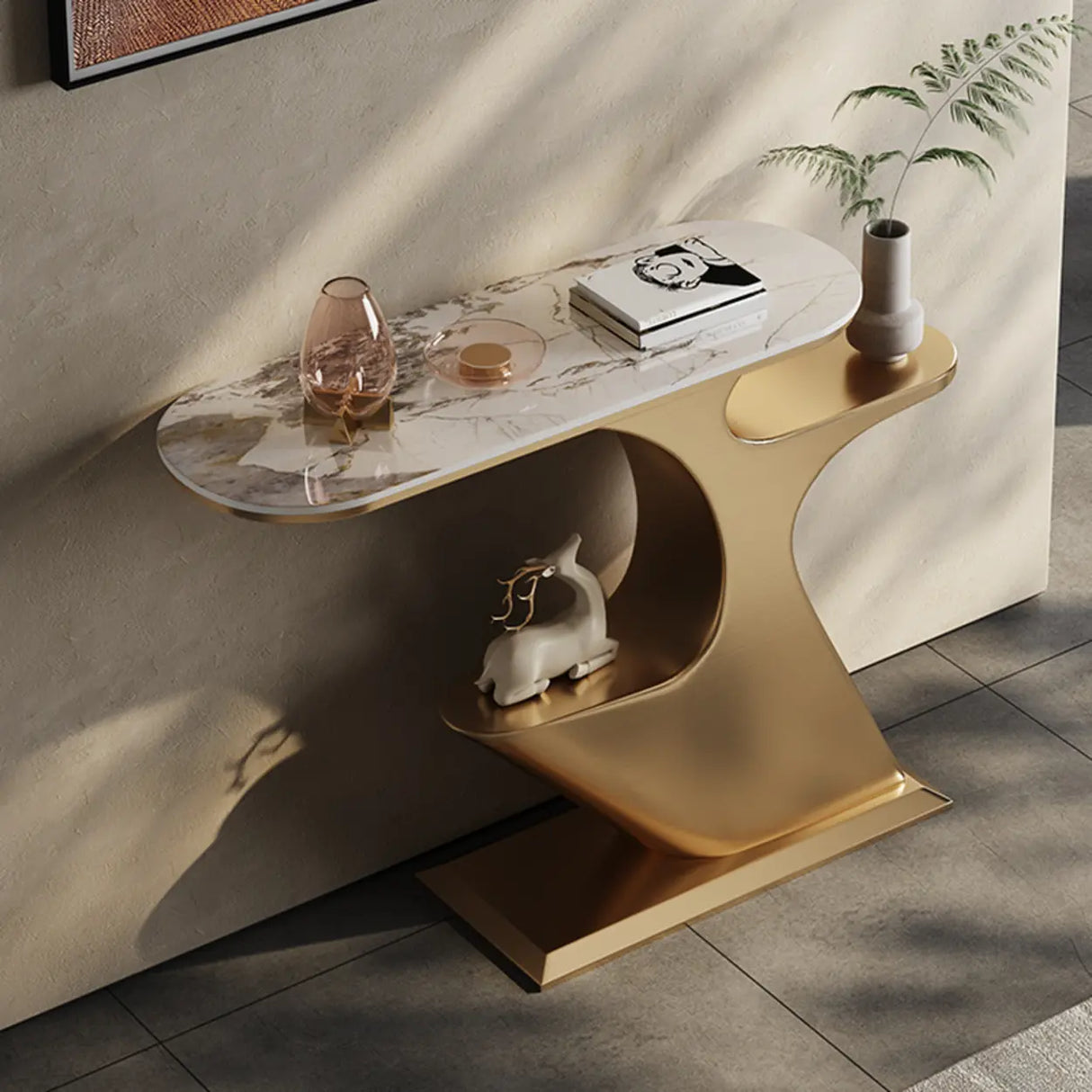 Creative Gold Curved Metal Console Table with Shelves Image - 6