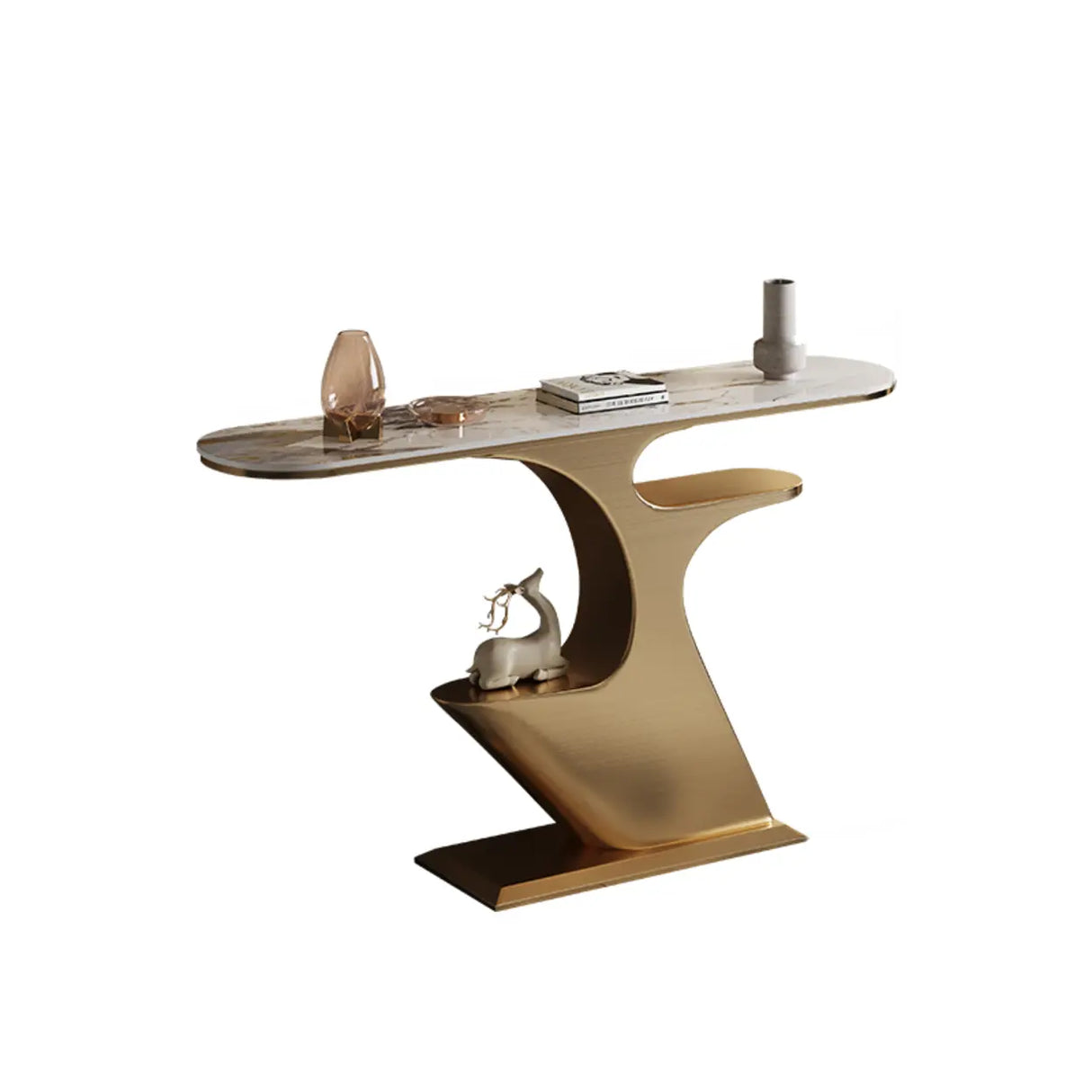 Creative Gold Curved Metal Console Table with Shelves Image - 7