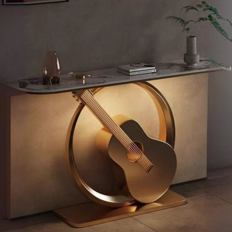 Creative Illuminated Guitar Base Marble Gold Console Table Image - 1