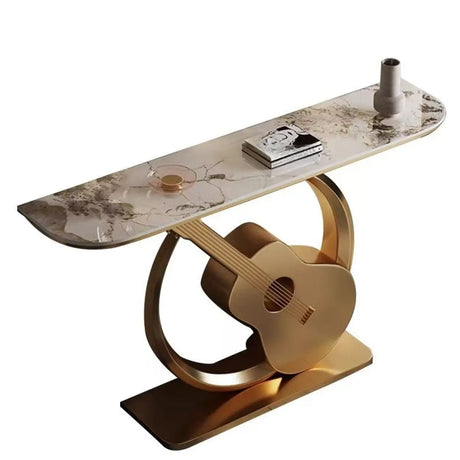 Creative Illuminated Guitar Base Marble Gold Console Table Image - 2