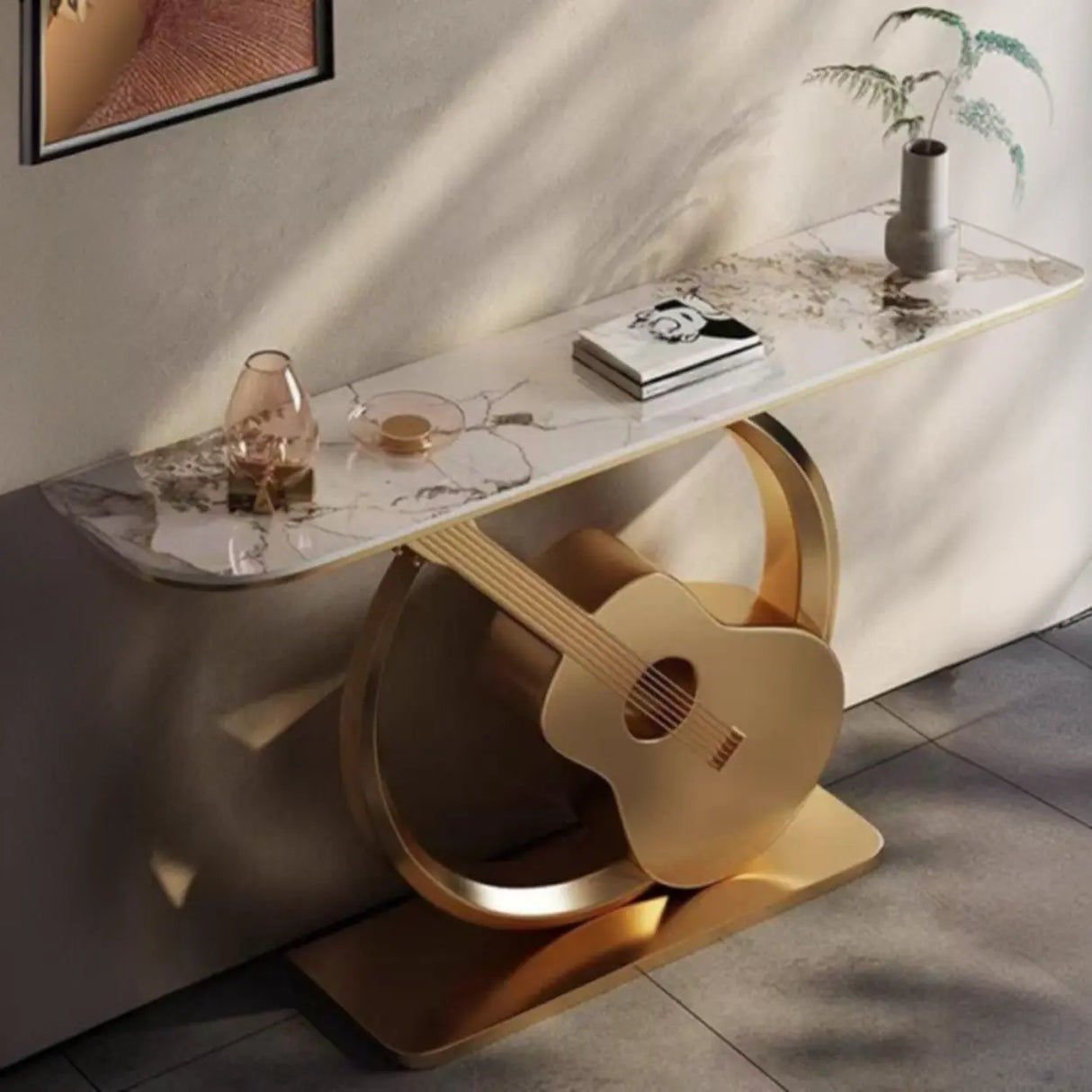 Creative Illuminated Guitar Base Marble Gold Console Table Image - 4