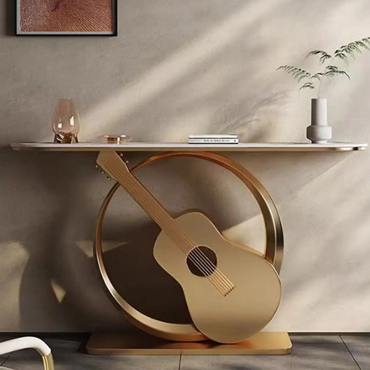 Creative Illuminated Guitar Base Marble Gold Console Table Image - 5