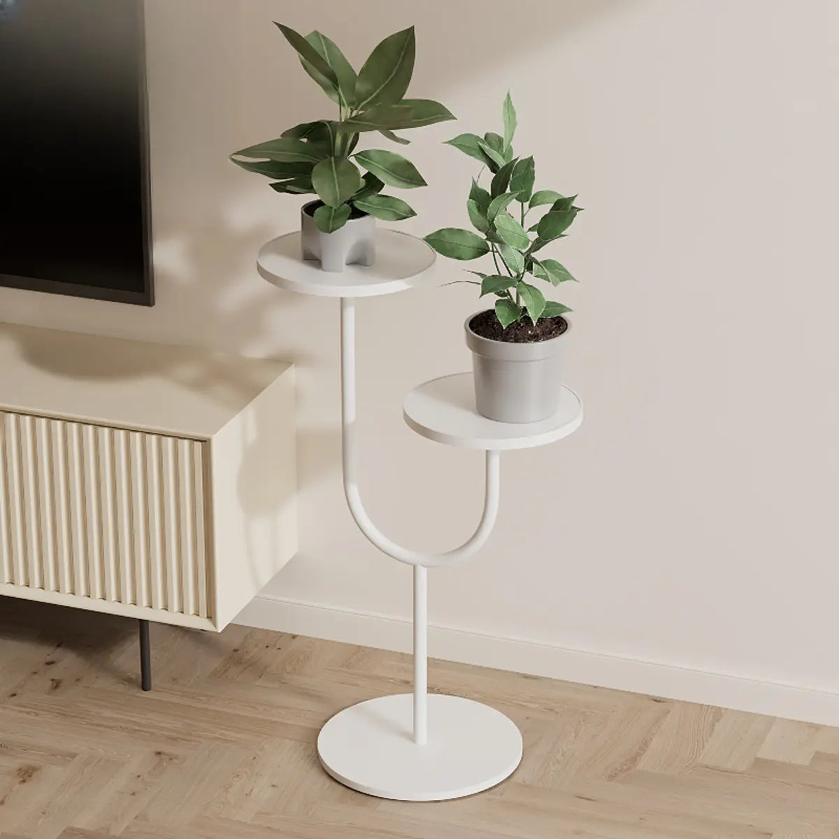Creative U-Shaped 2 Tray Metal Floor Plant Stand White Image - 18