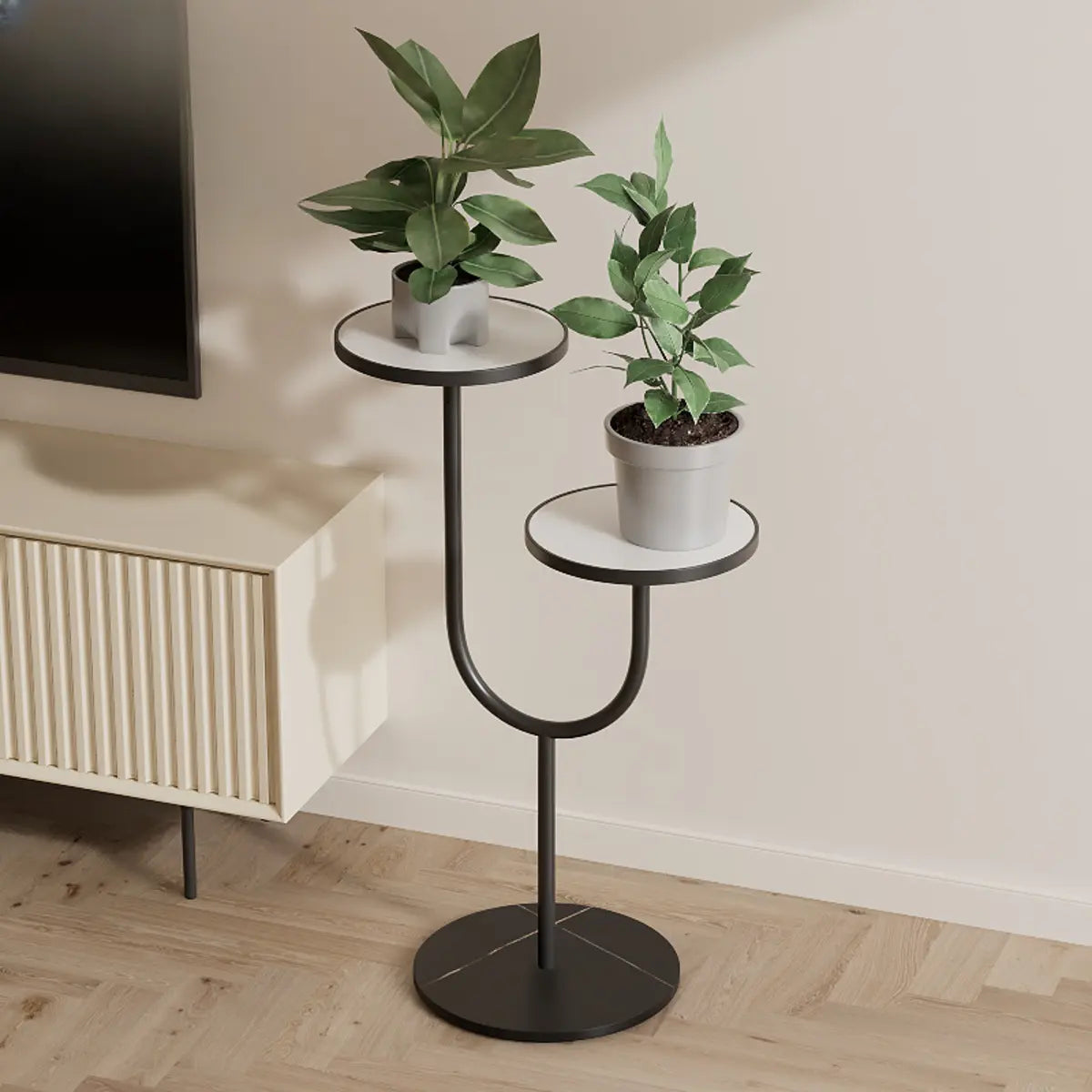 Creative U-Shaped 2 Tray Metal Floor Plant Stand White Image - 4