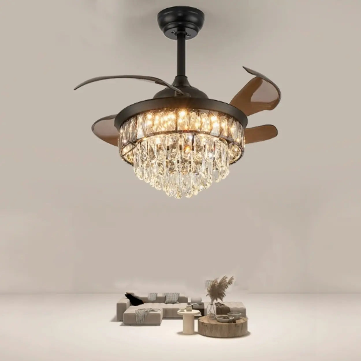 Crystal Chandelier Ceiling Fan with Retractable Blades Image - 2