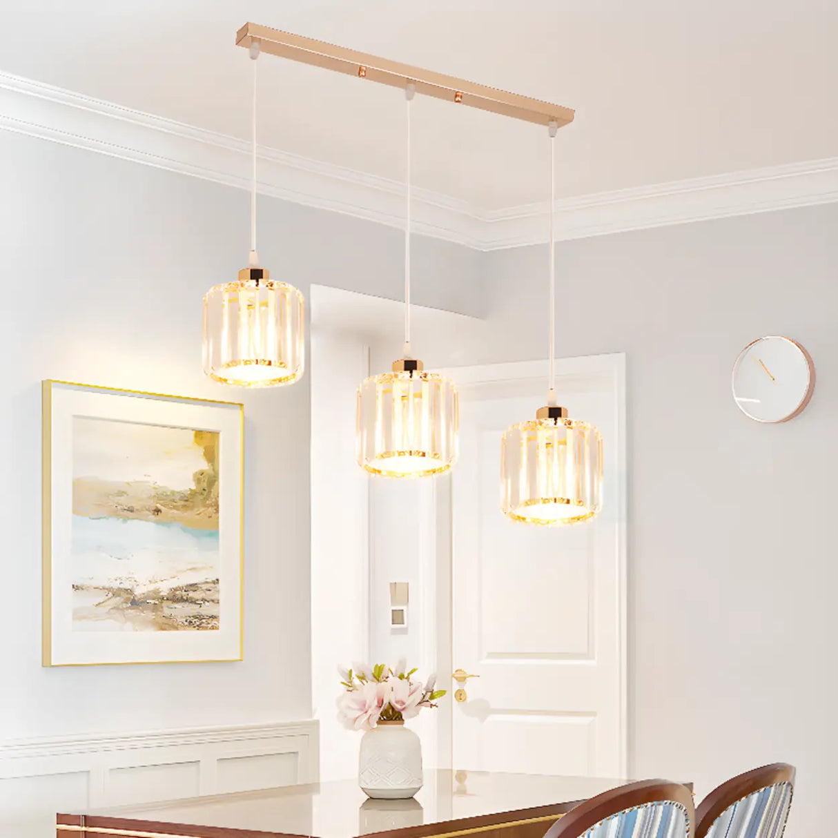 Crystal Cylinder 3-Light Kitchen Island Pendant Light Image - 3