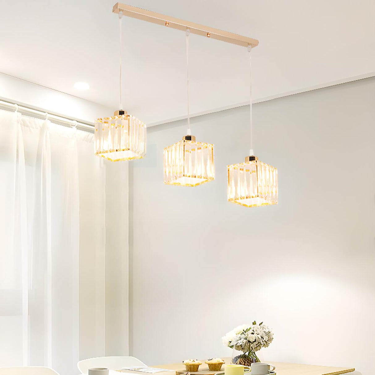 Crystal Cylinder 3-Light Kitchen Island Pendant Light Image - 5