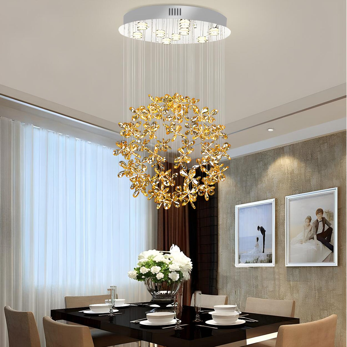 Crystal Flower Draping Sphere Nickel Flush Mount Light Image - 3