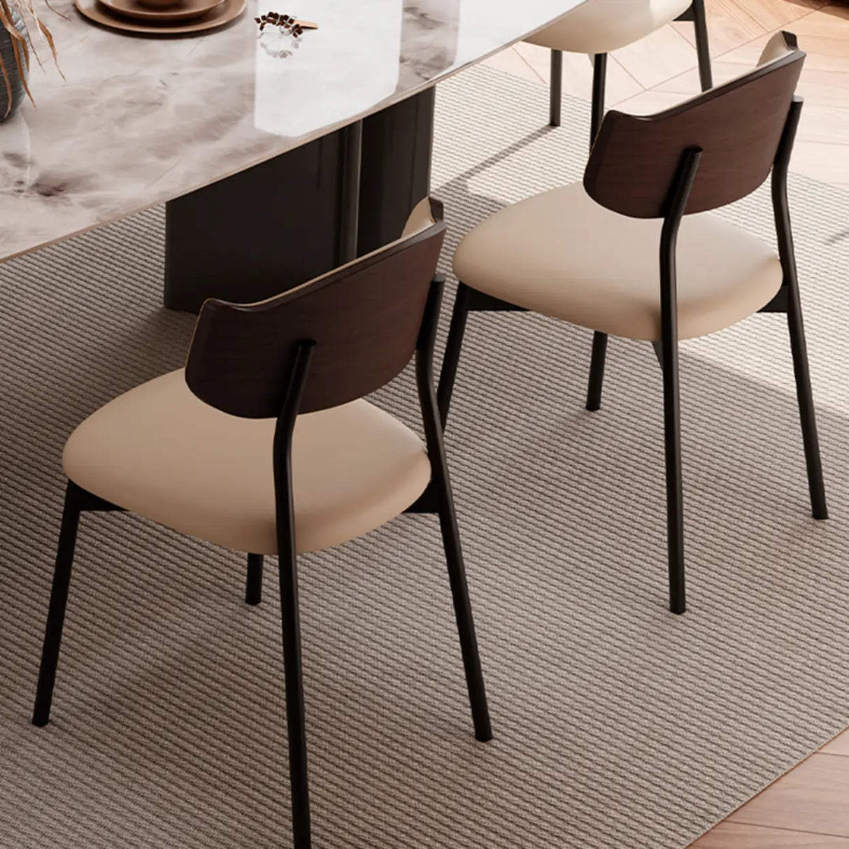 Curved Back Leather Upholstered Dining Chair Light Yellow Image - 12