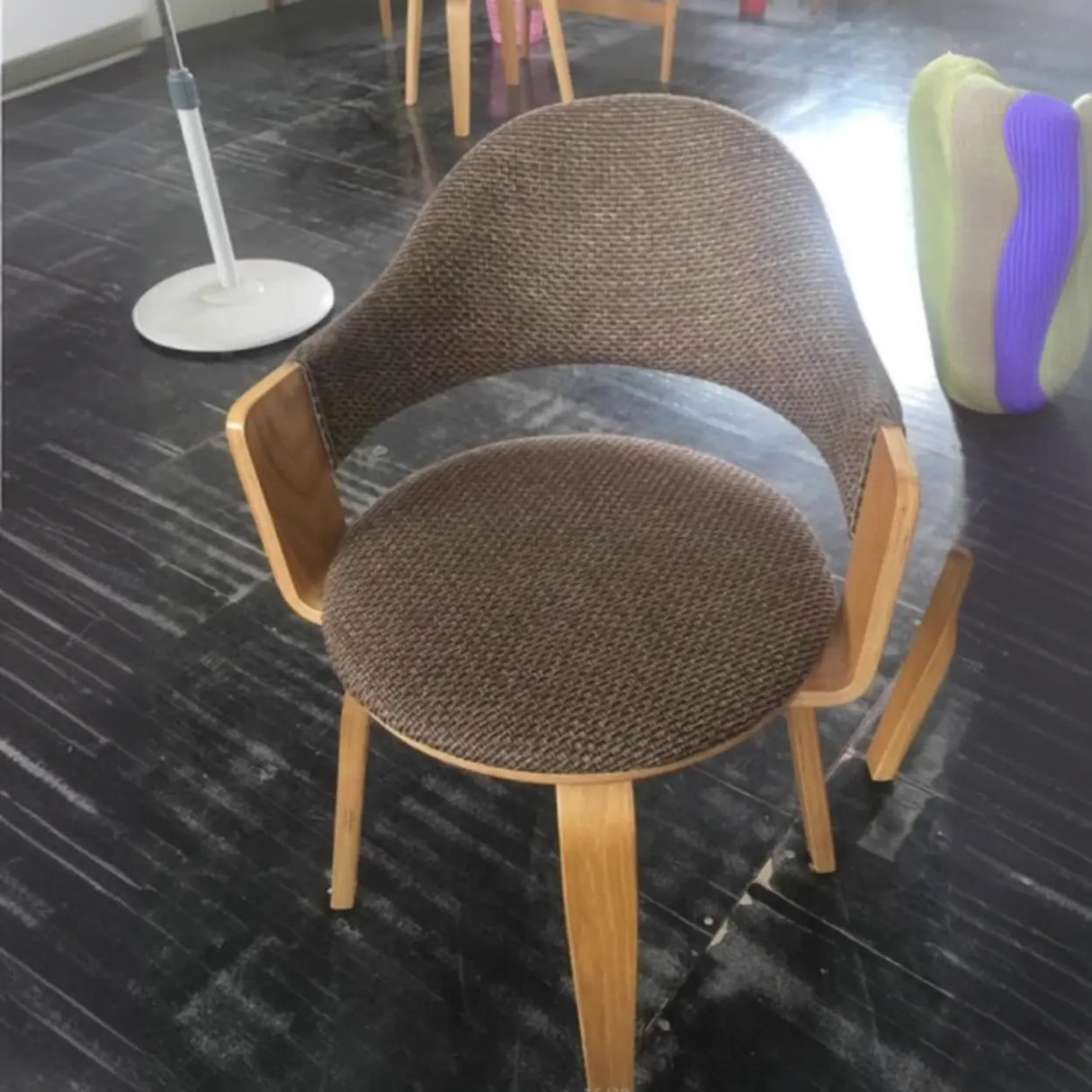 Curved Beige Fabric Seat Birch Armrest Dining Chair Image - 10