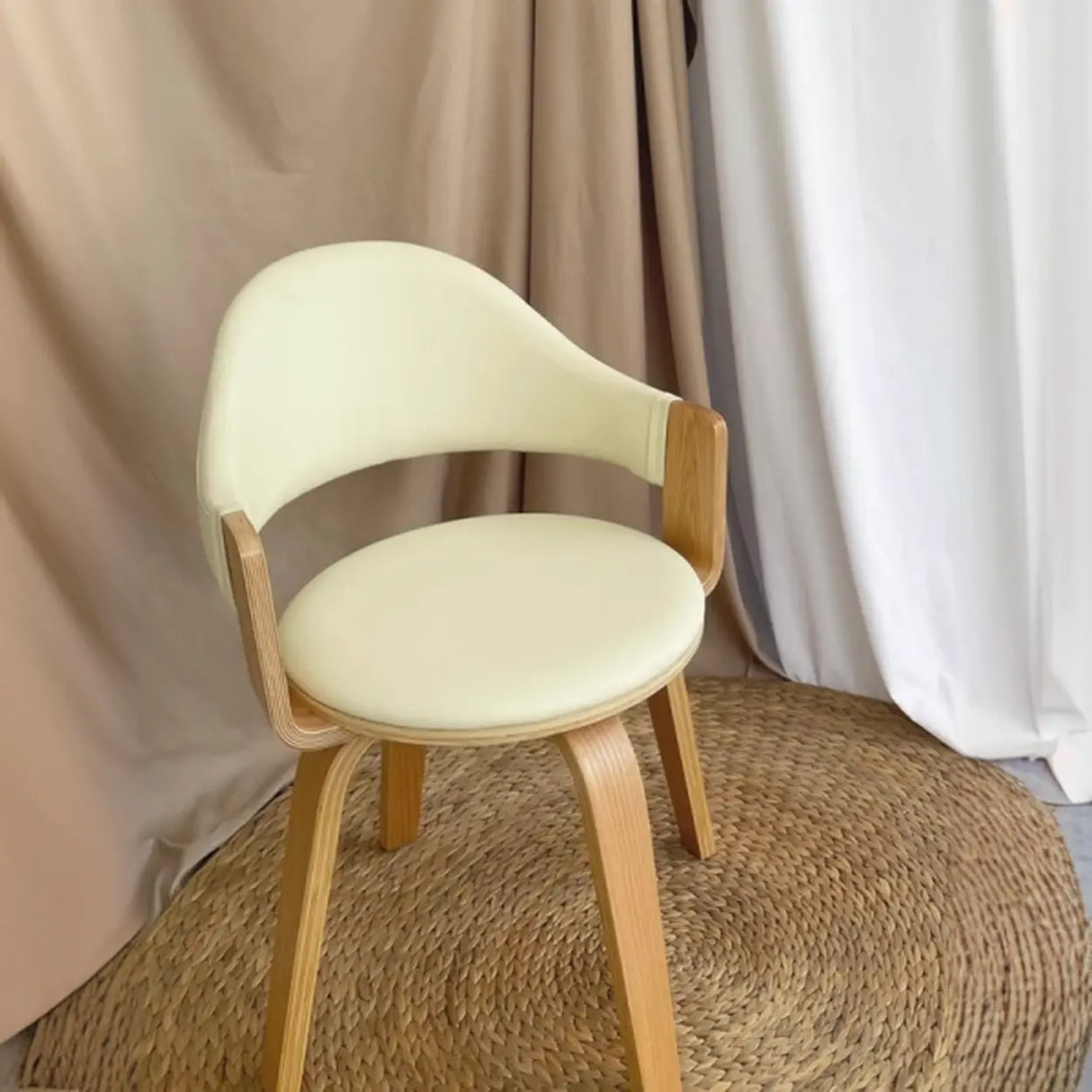 Curved Beige Fabric Seat Birch Armrest Dining Chair Image - 17