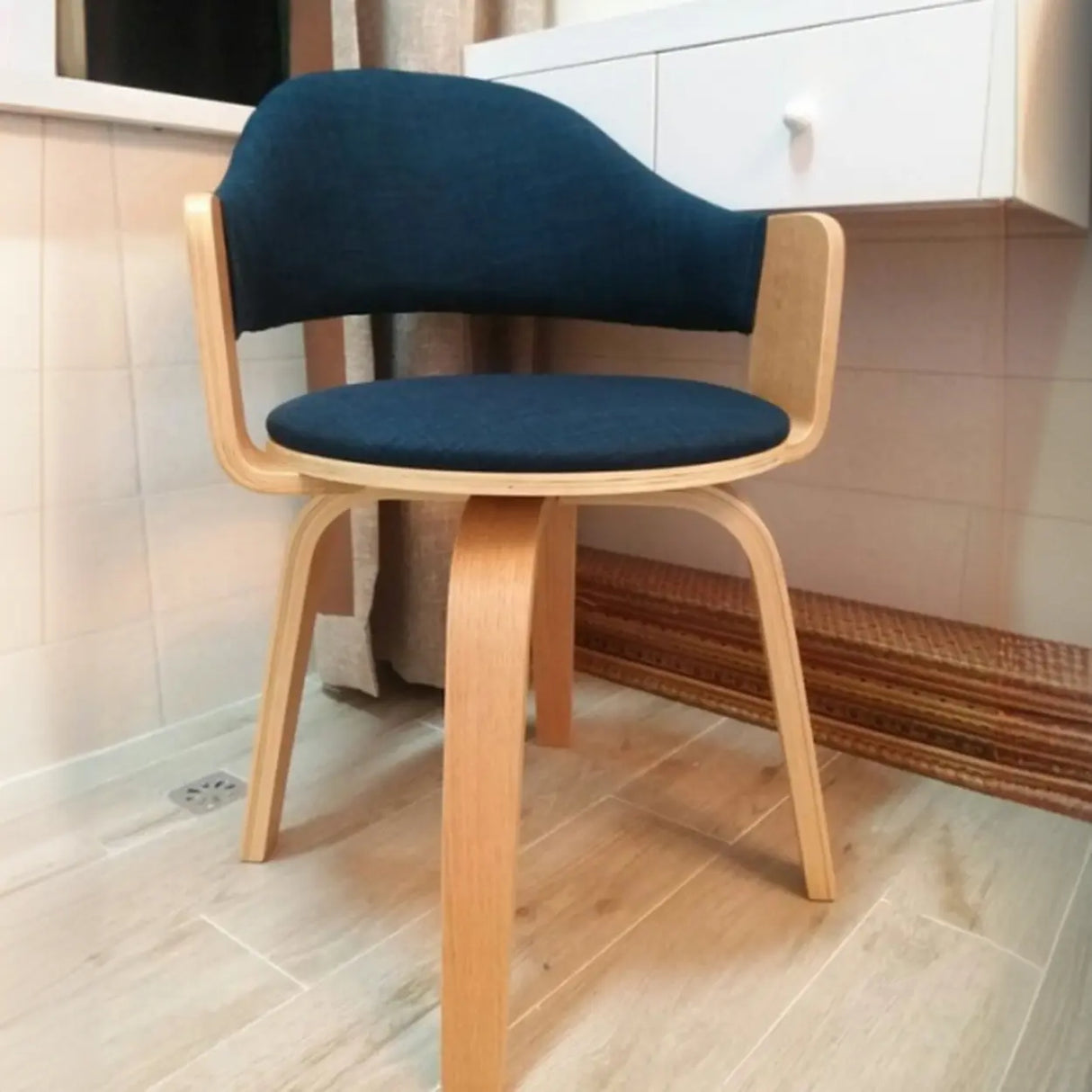 Curved Beige Fabric Seat Birch Armrest Dining Chair Image - 19