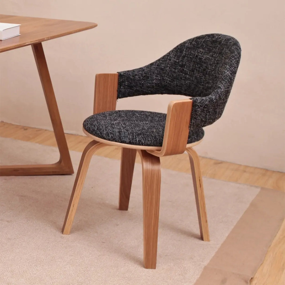 Curved Beige Fabric Seat Birch Armrest Dining Chair Image - 3