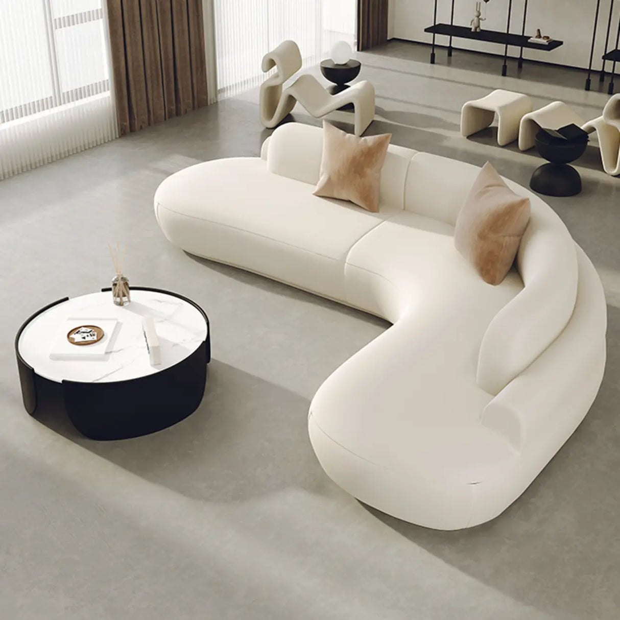 Curved Beige Leather Cushion Back Corner Sectional Image - 3