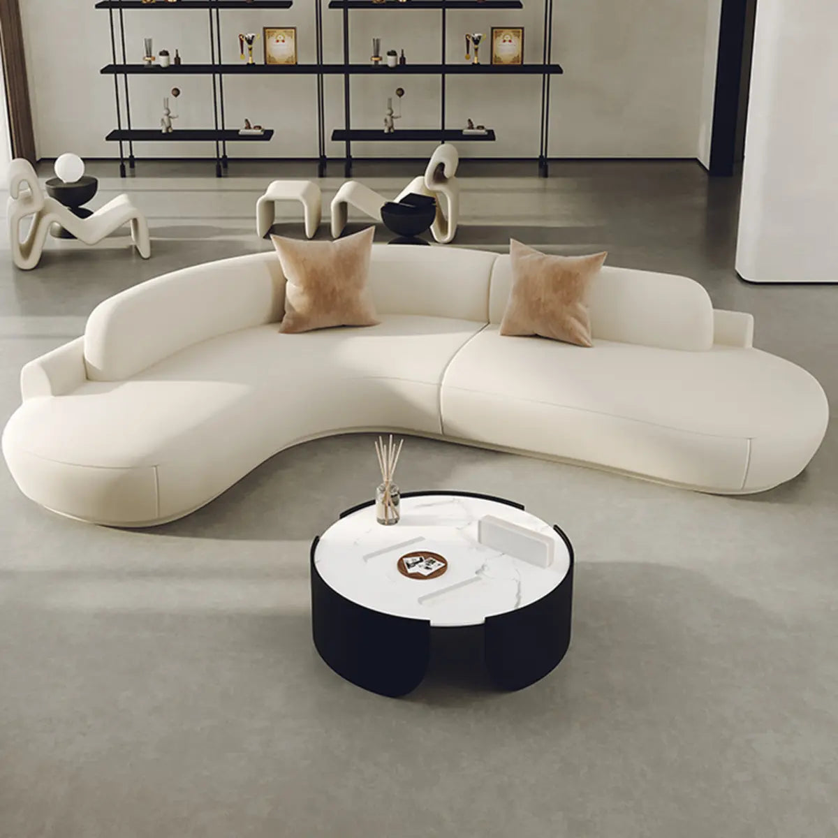 Curved Beige Leather Cushion Back Corner Sectional Image - 4