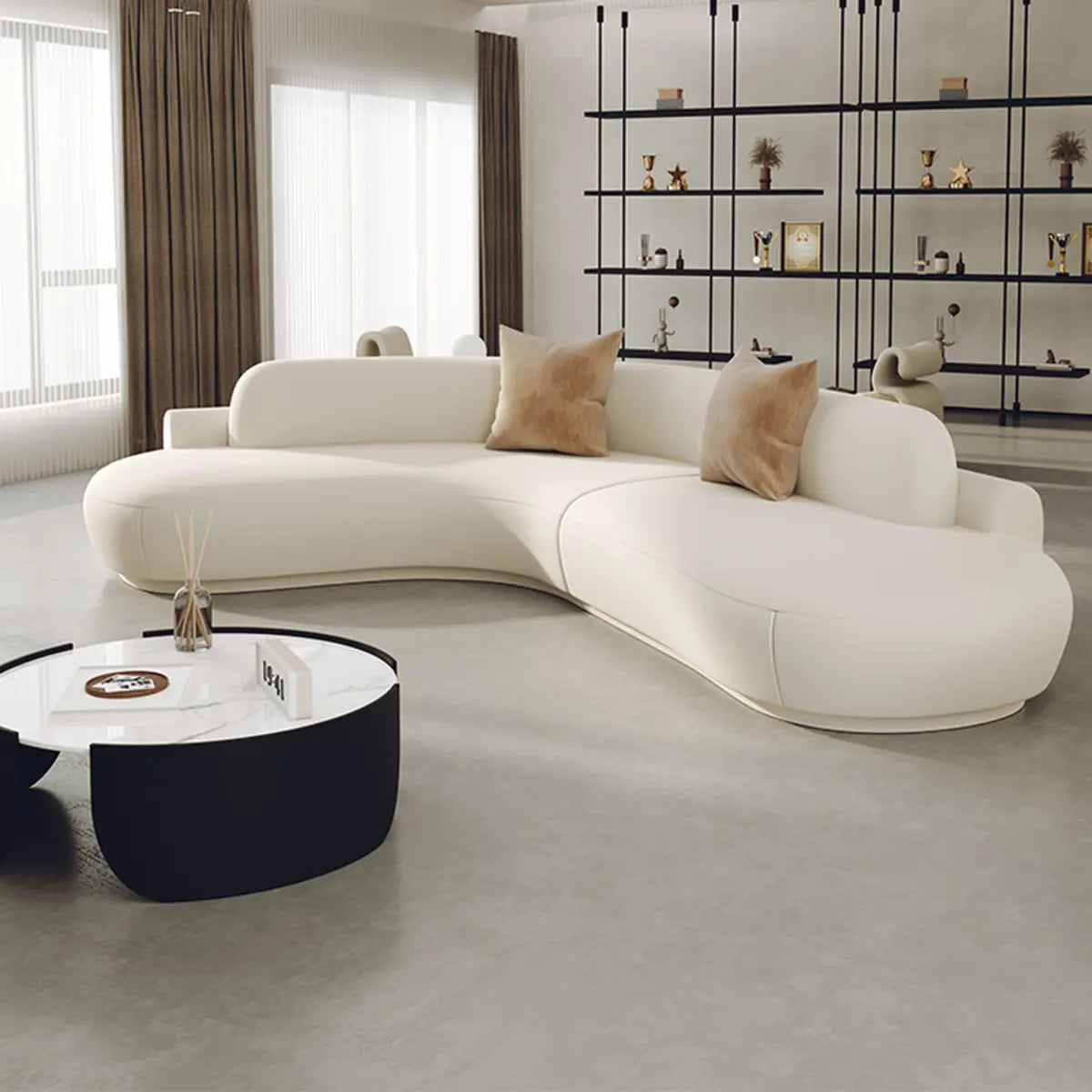 Curved Beige Leather Cushion Back Corner Sectional Image - 5