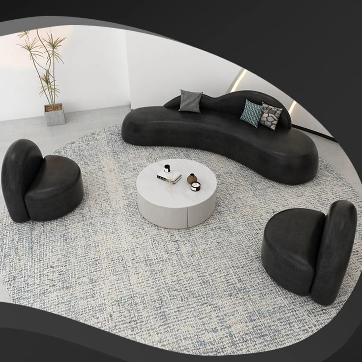 Curved Black Leather Tight Back Sofa Seating Group Image - 1