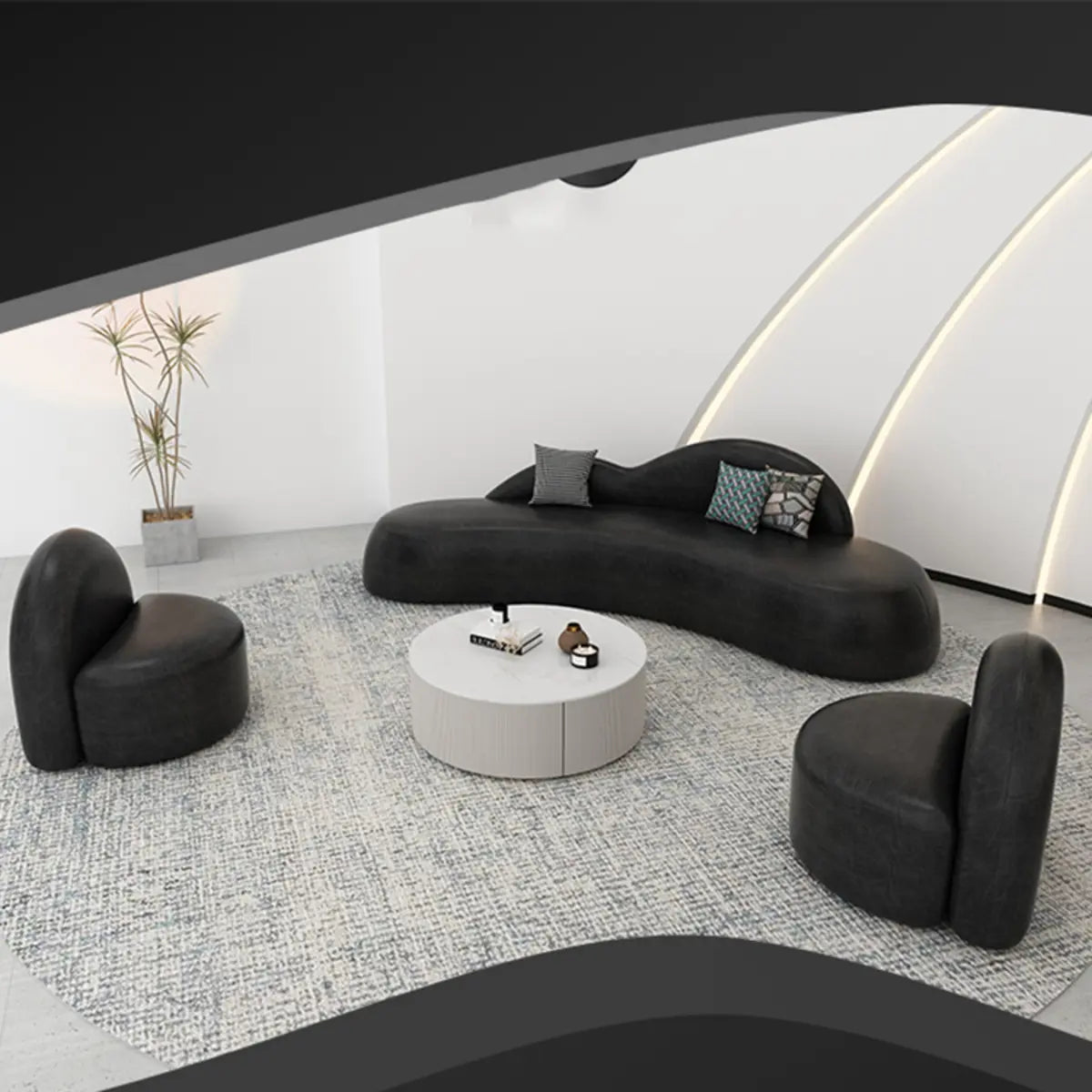 Curved Black Leather Tight Back Sofa Seating Group Image - 4