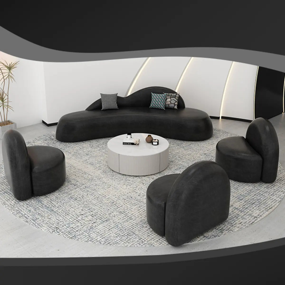 Curved Black Leather Tight Back Sofa Seating Group Image - 6