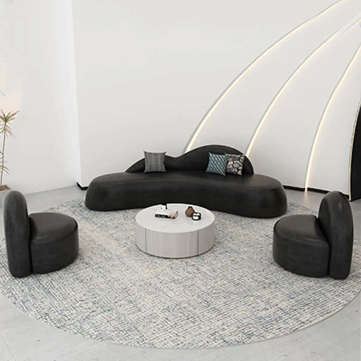 Curved Black Leather Tight Back Sofa Seating Group Image - 7