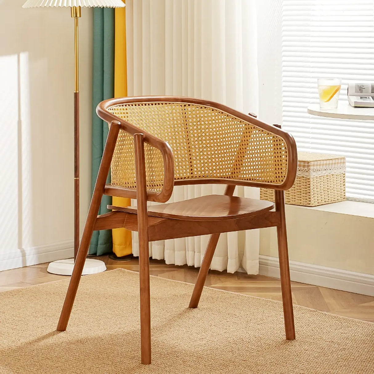 Curved Cane Wood Armrest Dining Chair Natural Finish Image - 5