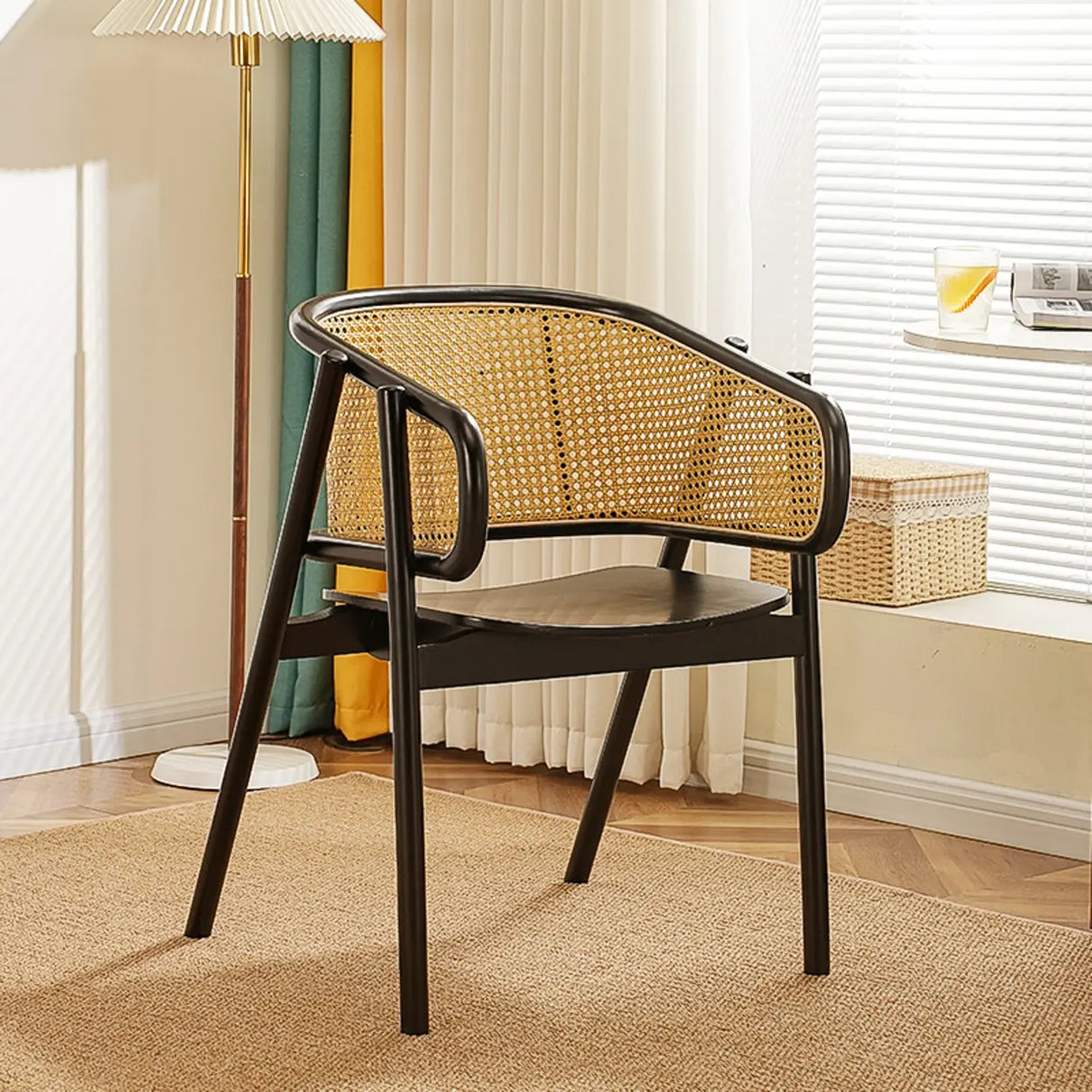 Curved Cane Wood Armrest Dining Chair Natural Finish Image - 7