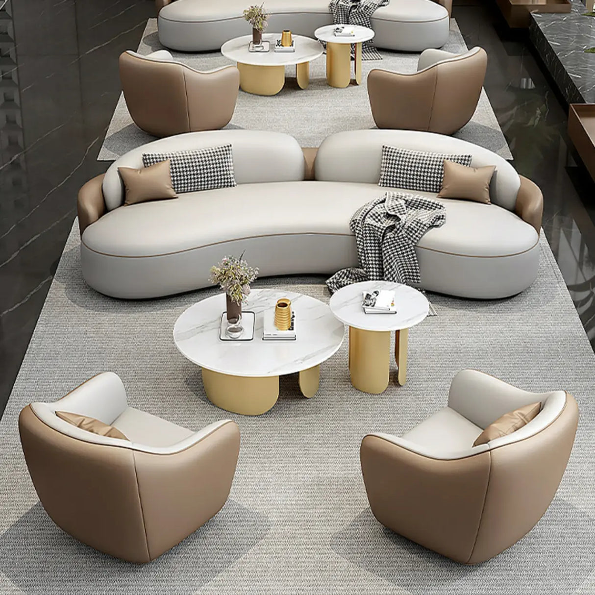 Curved Coffee Grey Leather Reception Sofa 5 Piece Set Image - 1