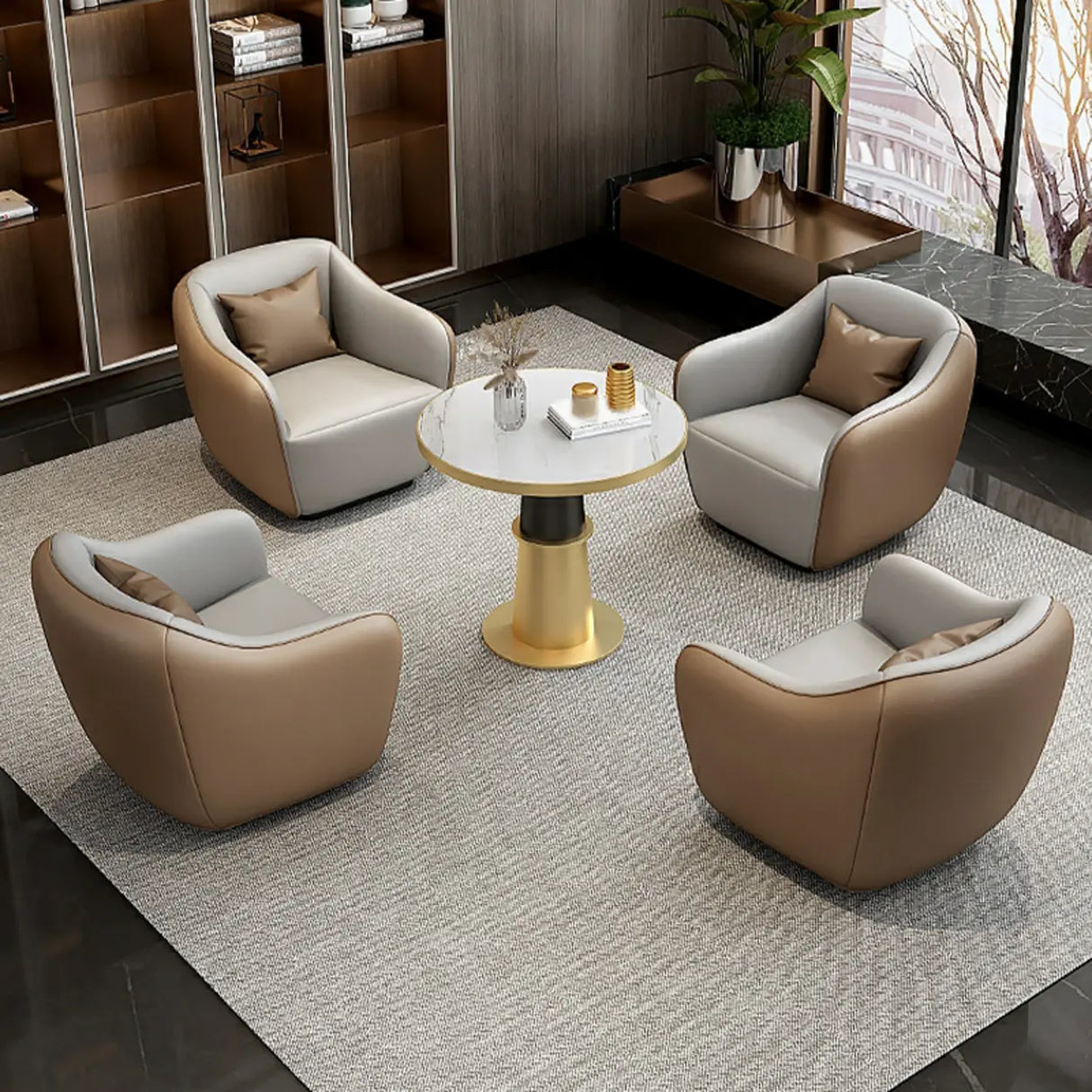 Curved Coffee Grey Leather Reception Sofa 5 Piece Set Image - 14