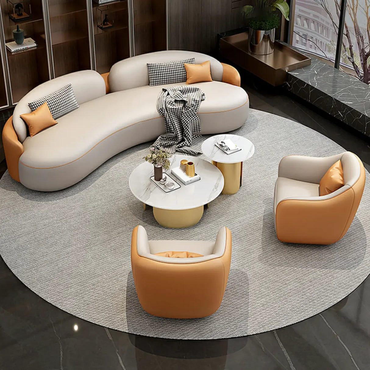 Curved Coffee Grey Leather Reception Sofa 5 Piece Set Image - 15