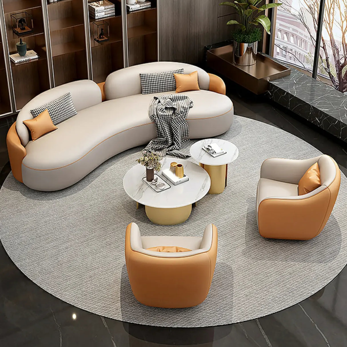 Curved Coffee Grey Leather Reception Sofa 5 Piece Set Image - 6