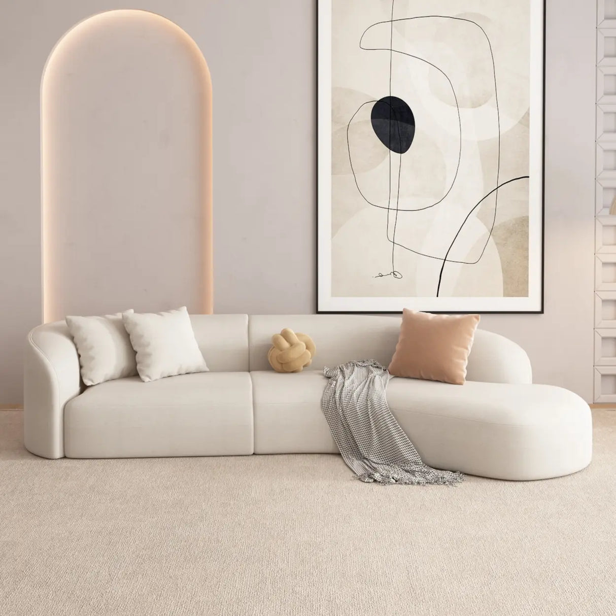 Curved Fabric Pillow Back Ivory Large Sofa Recliner Image - 3