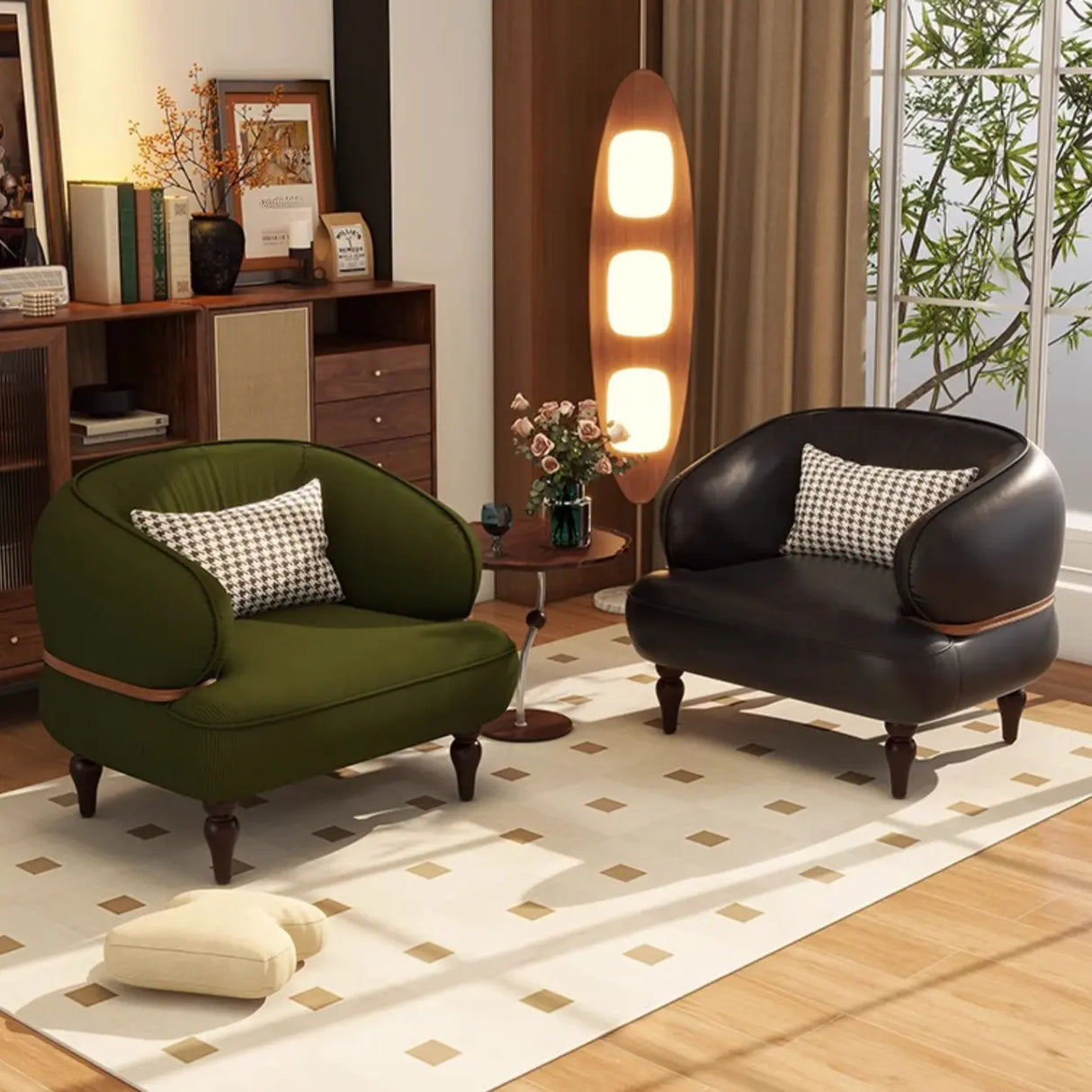 Curved Leather Brown Armchair Accent Chair with Pillow Image - 6