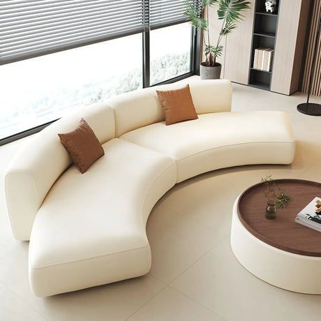 Curved Leather Living Room Cream Large Sofa Sectional Image - 1