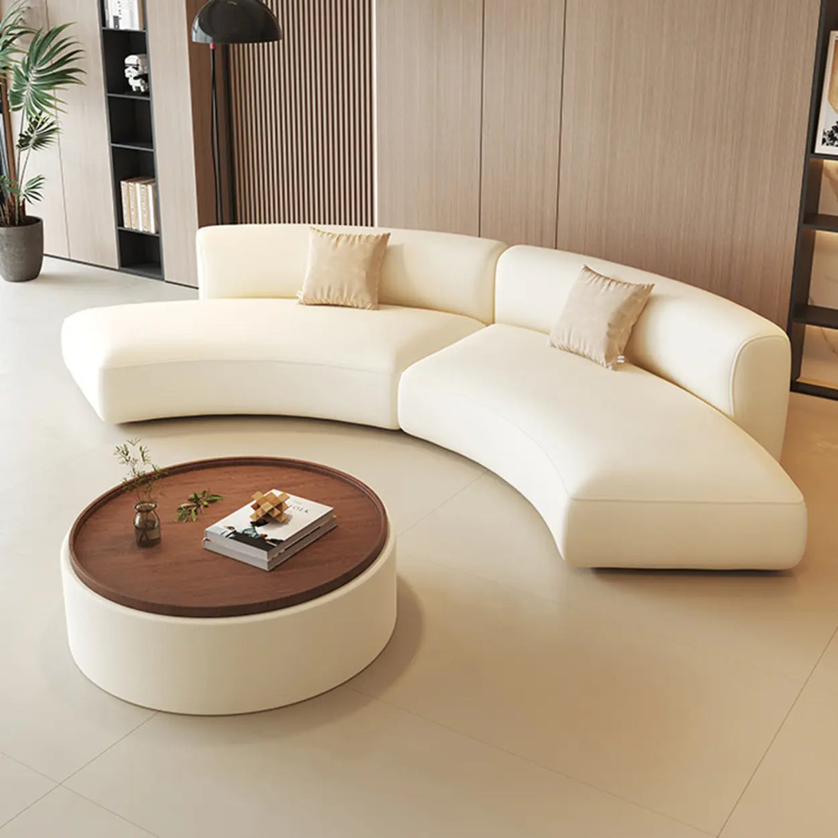 Curved Leather Living Room Cream Large Sofa Sectional Image - 3
