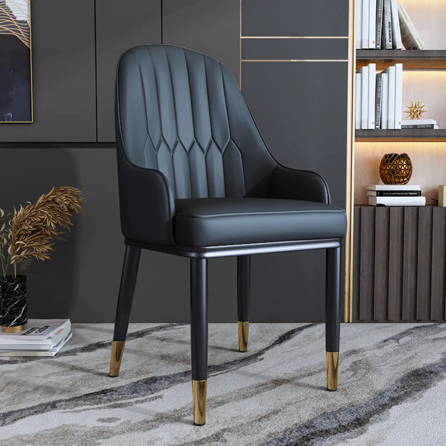 Curved leather upholstered arm dining chair with supportive high back