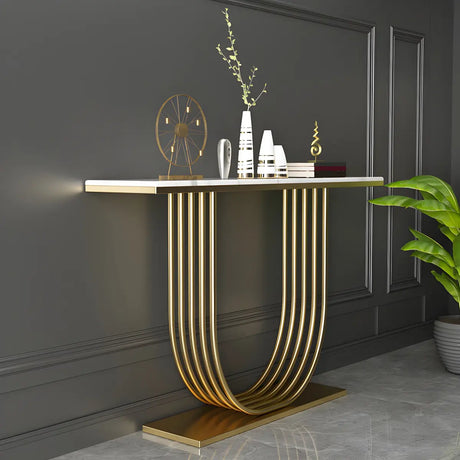 Curved Metal White Marble Gold Medium Console Table Image - 1