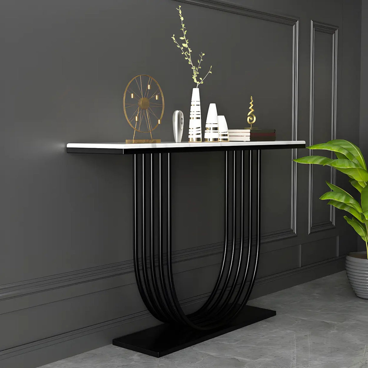 Curved Metal White Marble Gold Medium Console Table Image - 2