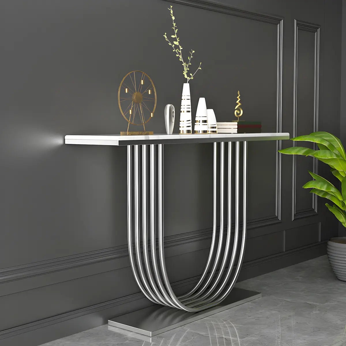 Curved Metal White Marble Gold Medium Console Table Image - 3