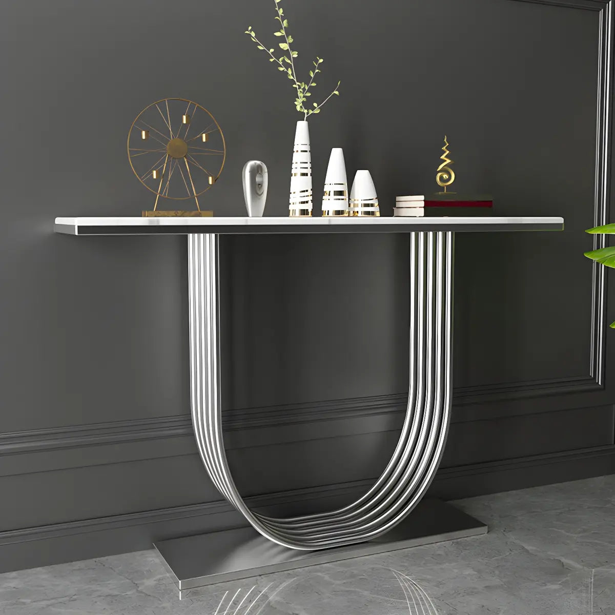 Curved Metal White Marble Gold Medium Console Table Image - 4