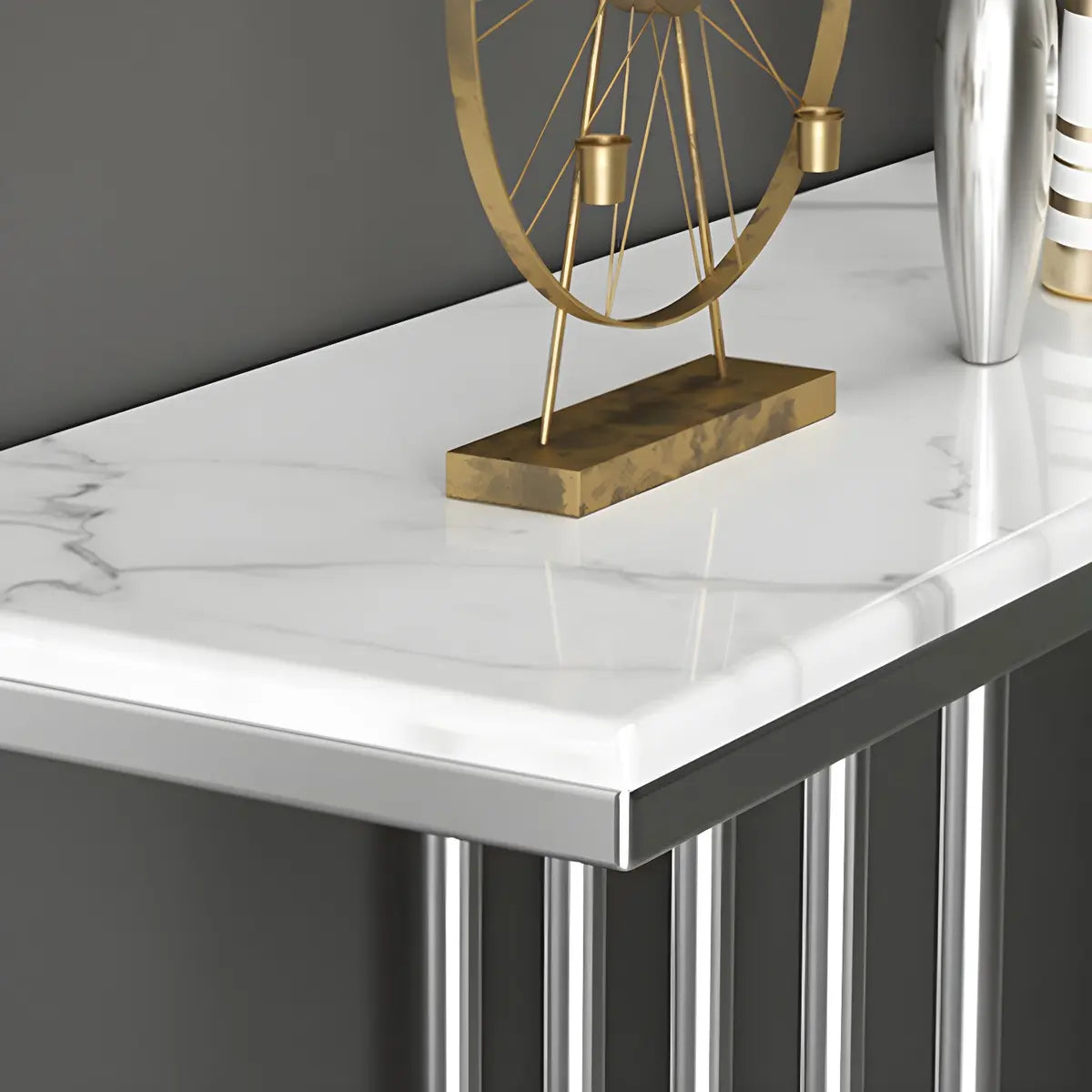 Curved Metal White Marble Gold Medium Console Table Image - 6