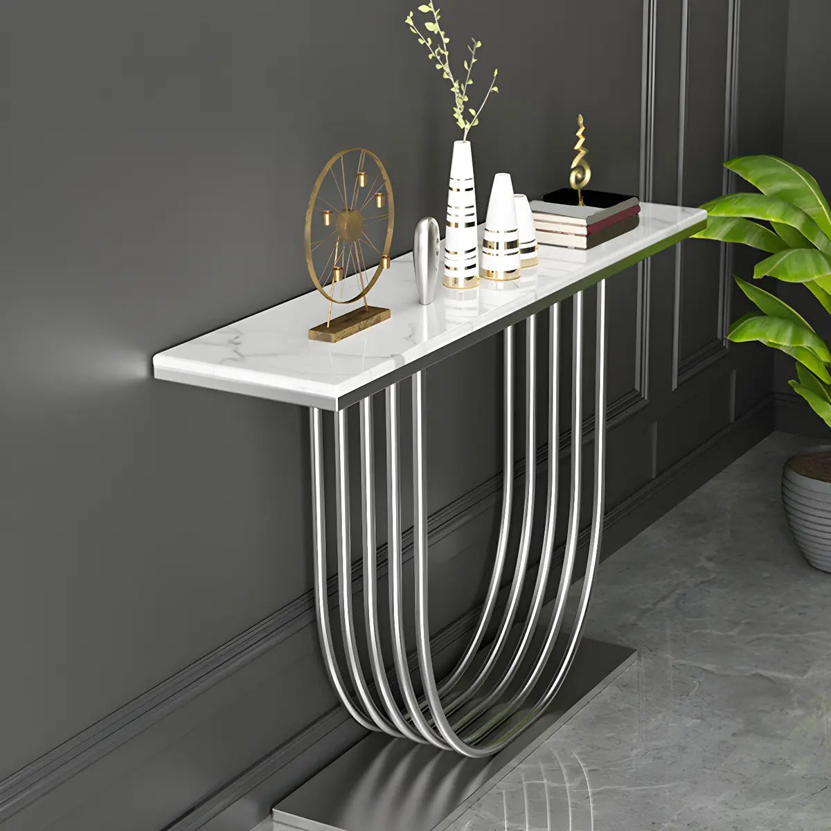 Curved Metal White Marble Gold Medium Console Table Image - 8