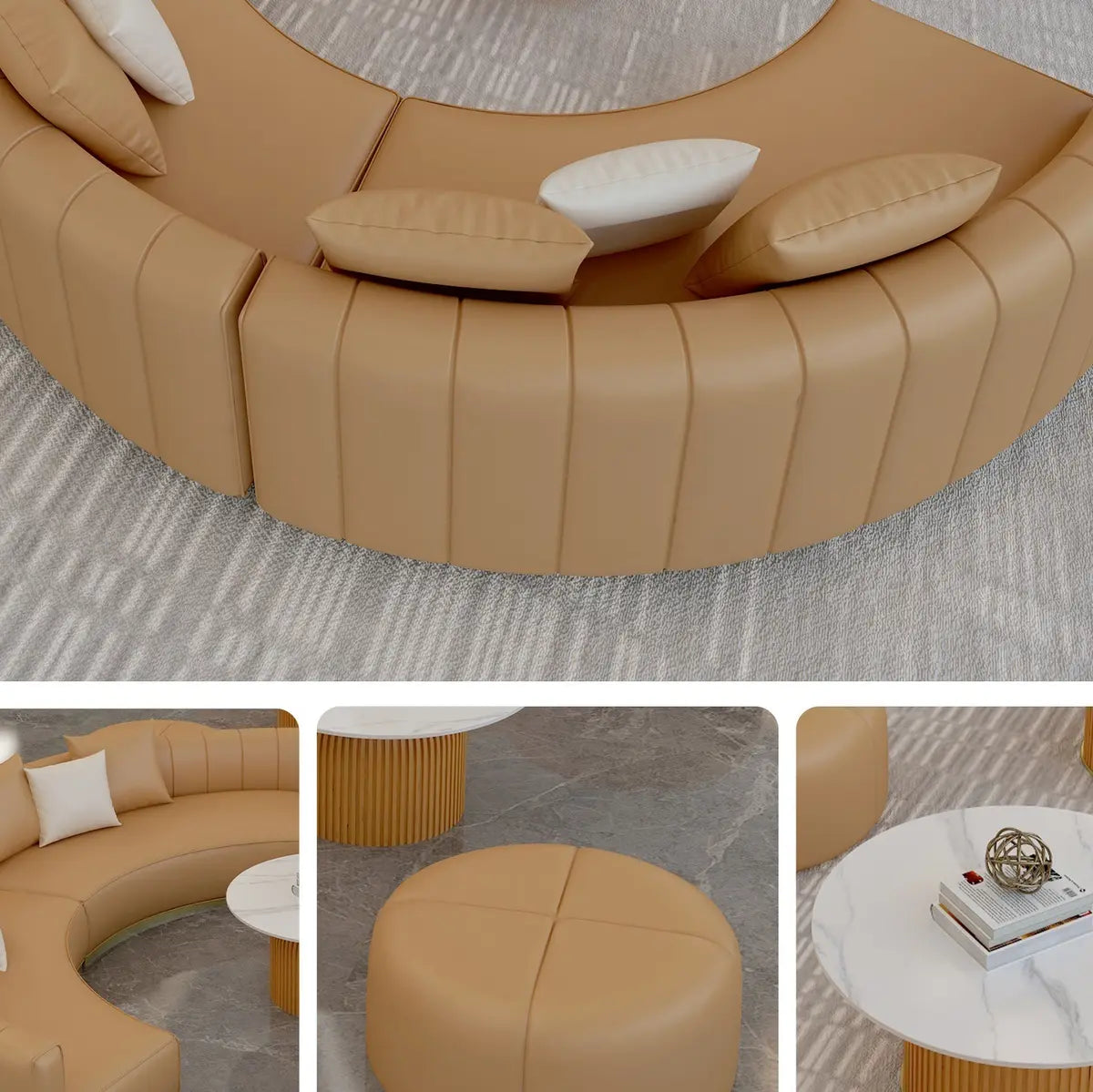 Curved Scratch Resistant Faux Leather Pillow Back Sofa Image - 17