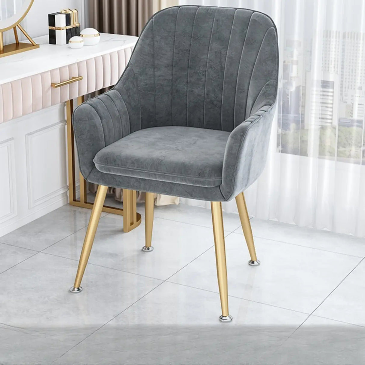 Curved Solid Back Fabric Armrest Dining Chair Green Image - 3