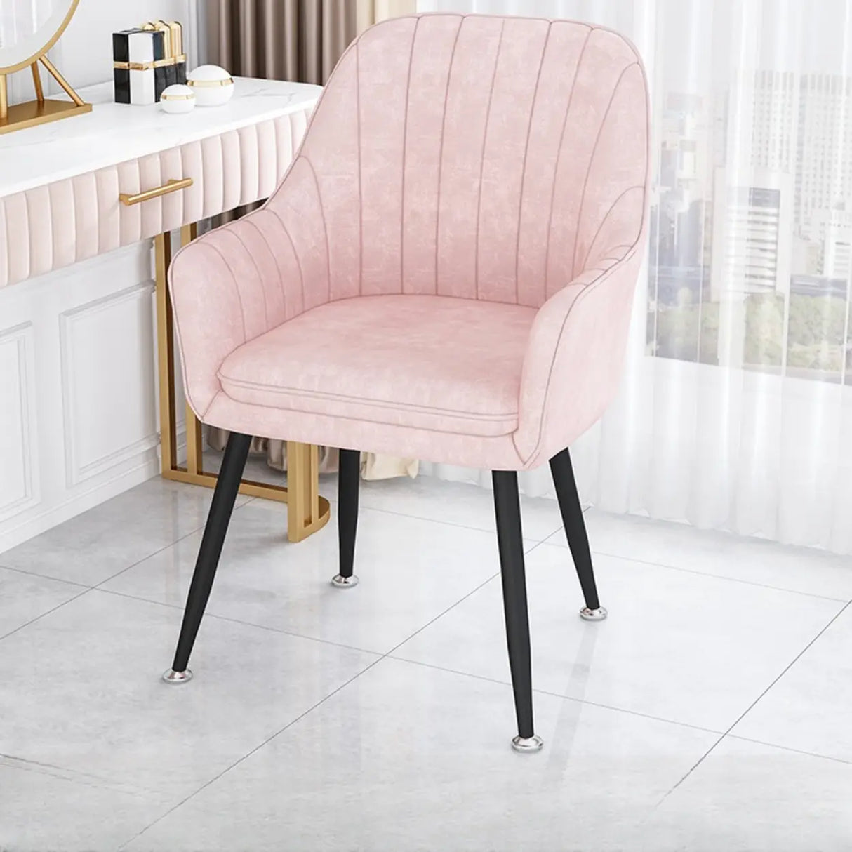 Curved Solid Back Fabric Armrest Dining Chair Green Image - 4